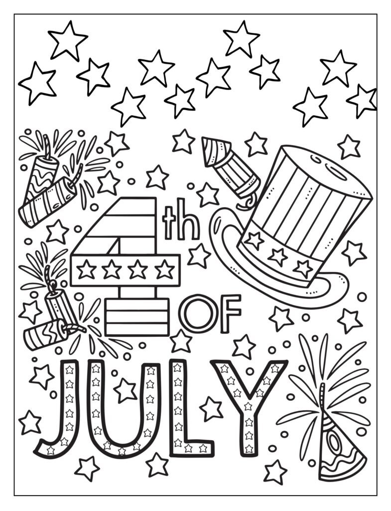 A simple line art page with "4th of July" in bold, outlined letters, ready to be colored.