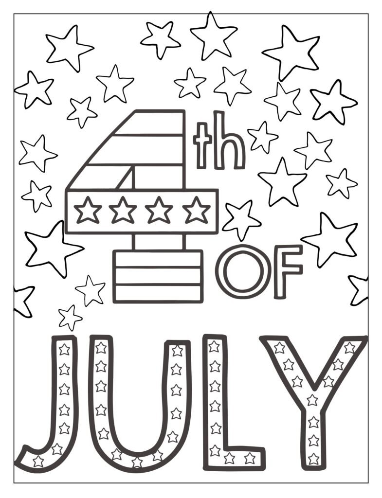 A line art page filled with various sizes of stars, some with "4th of July" text integrated, ready for coloring.