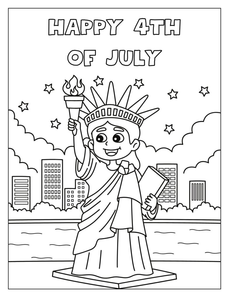 A black and white outline illustration of the Statue of Liberty, adorned with "4th of July" text, designed for coloring.