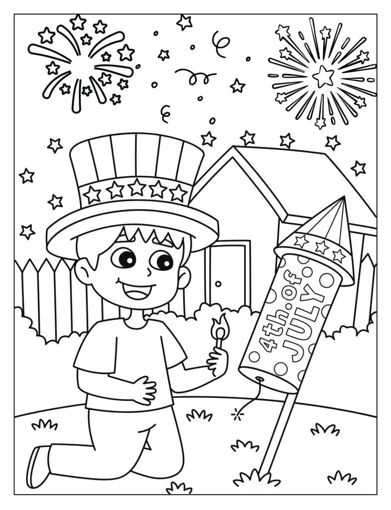 An outline drawing focusing on various fireworks designs, ready for a child to color.