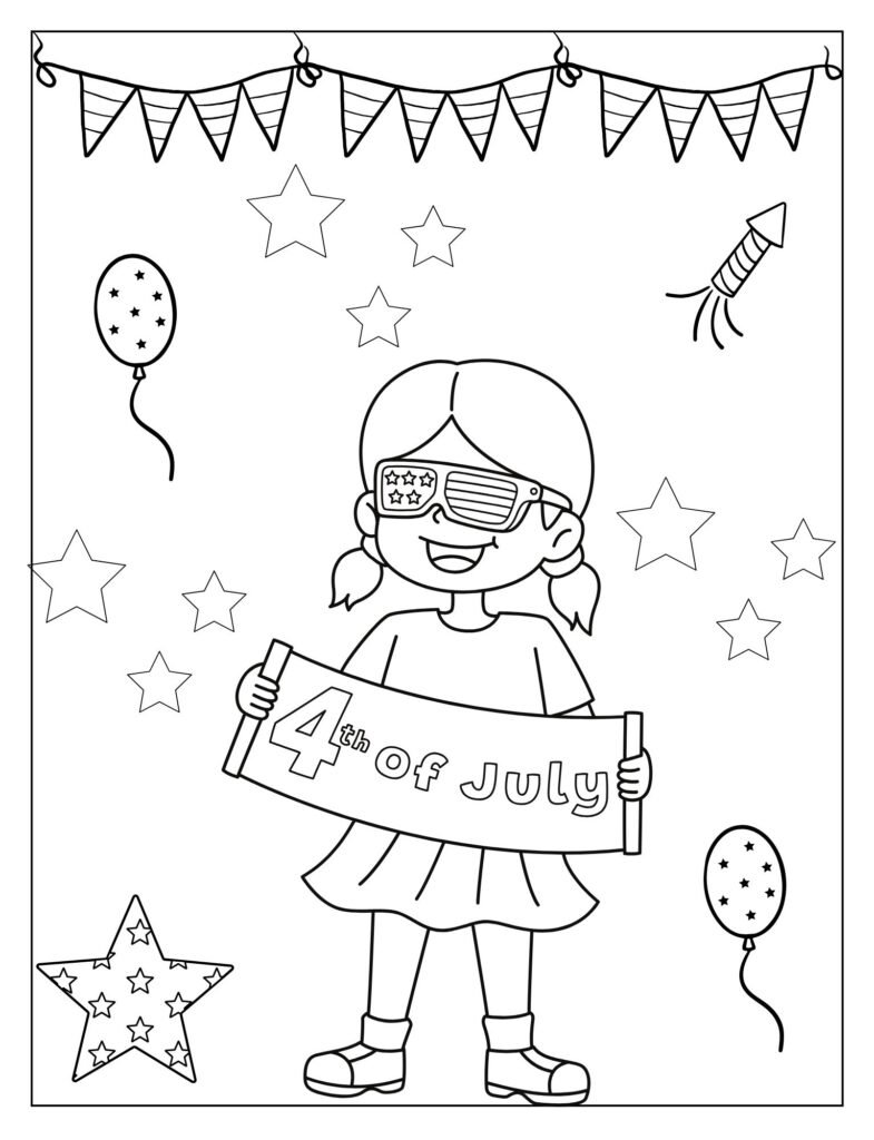 A line art drawing of a girl dressed in patriotic attire or holding 4th of July themed items, ready for coloring.