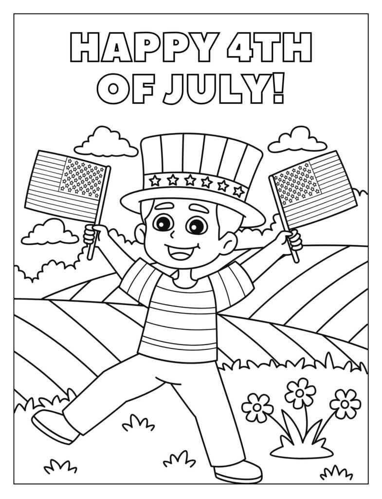 A black and white outline drawing of a child celebrating the 4th of July, perhaps holding a flag or sparkler, ready for coloring.
