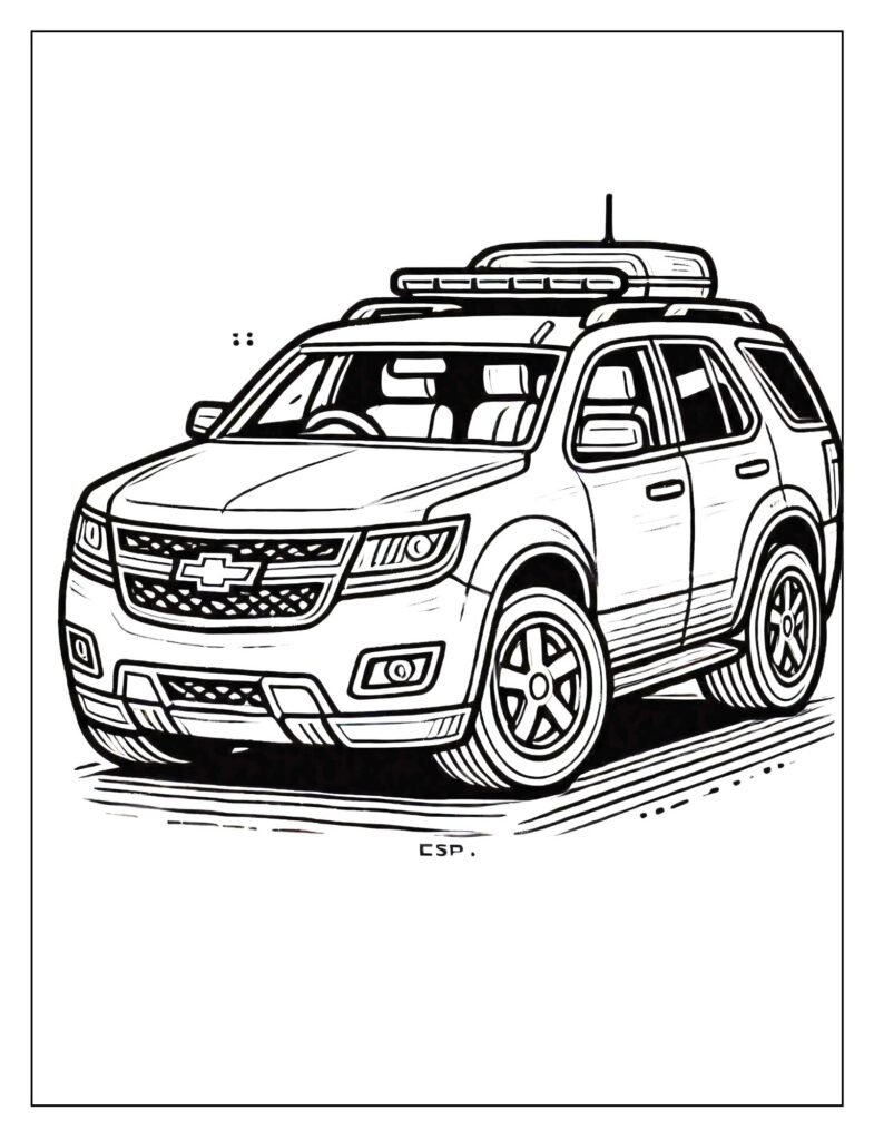 Line art of a rugged, lifted 4x4 adventure vehicle, ready for off-road terrain.