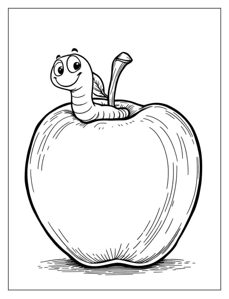 Big red apple with a worm peeking out coloring page