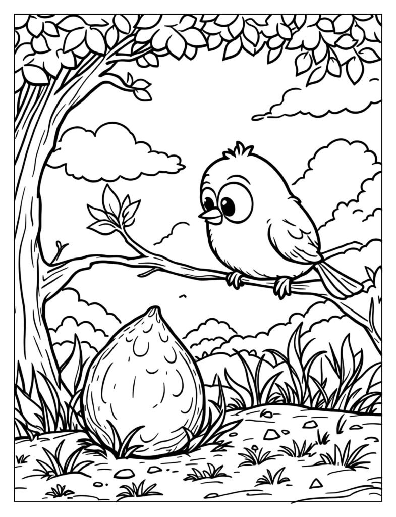 A small bird looking at a seed on the ground.