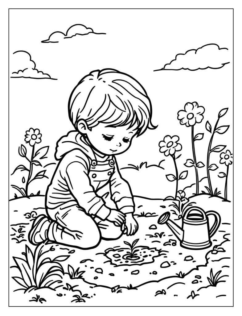 A child kneeling and planting a seed.