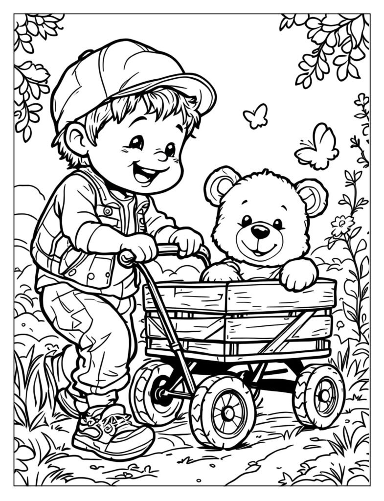 A child happily pulling a wagon with a teddy bear.