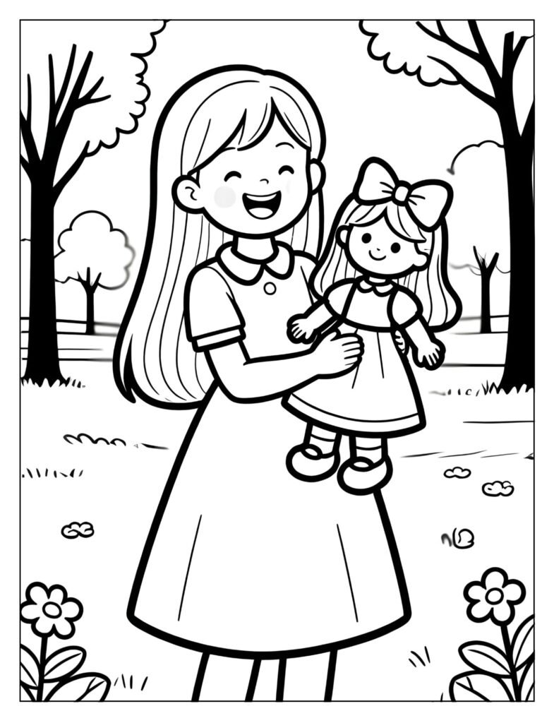 A classic doll with long hair and a simple dress.