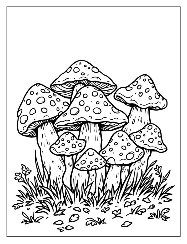 A cluster of many small, little mushrooms on the ground.