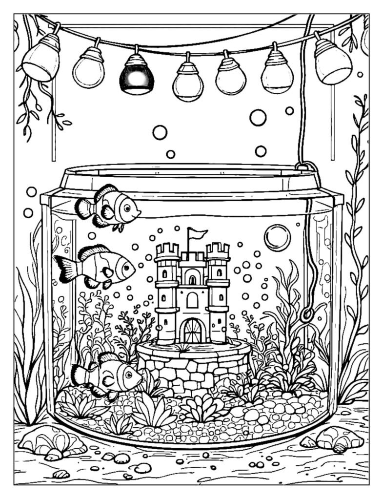 Stylized fish aquarium coloring page emphasizing large-finned fish for vibrant, colorful light effects.