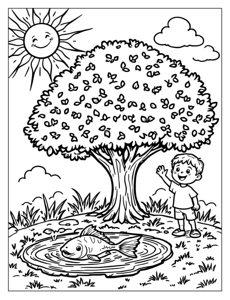 A picture with the sun, a tree, a fish, and a person.
