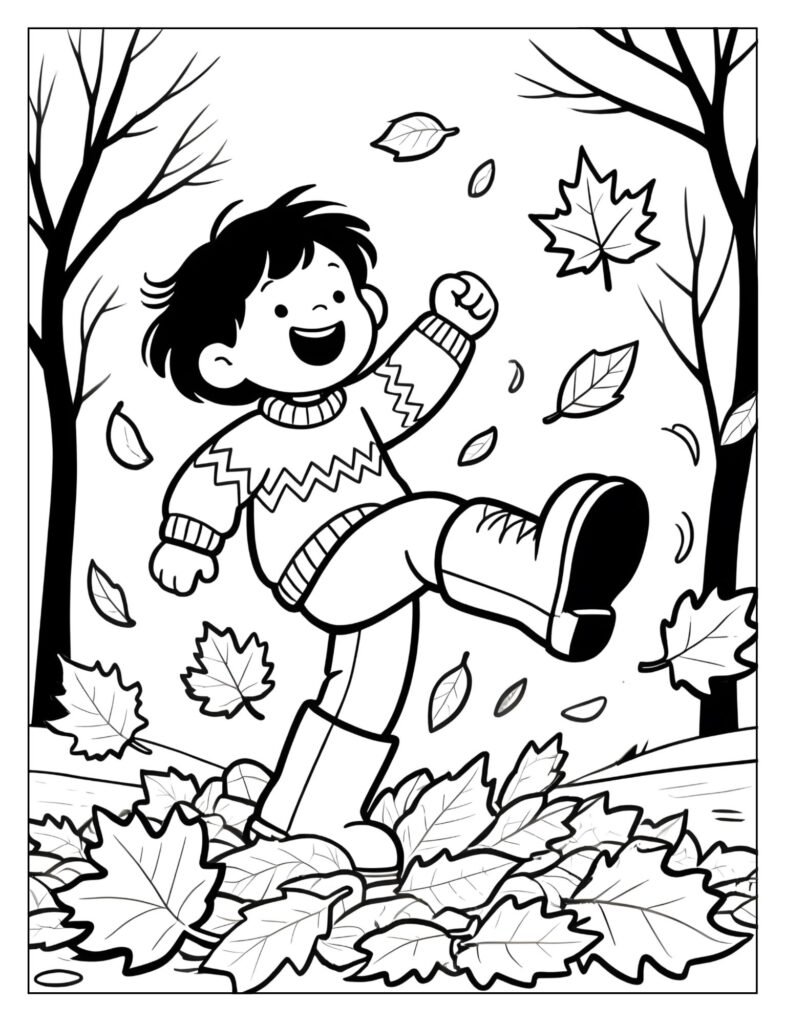 A child kicking up a pile of colorful autumn leaves.