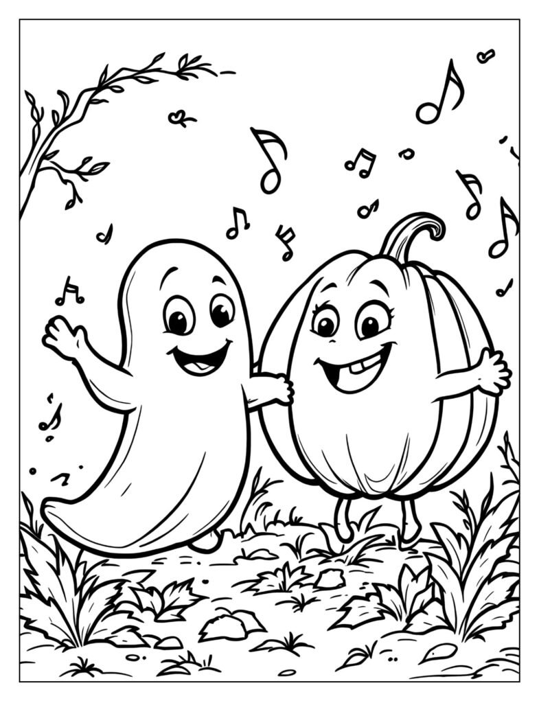 A ghost and a pumpkin holding hands and dancing together.