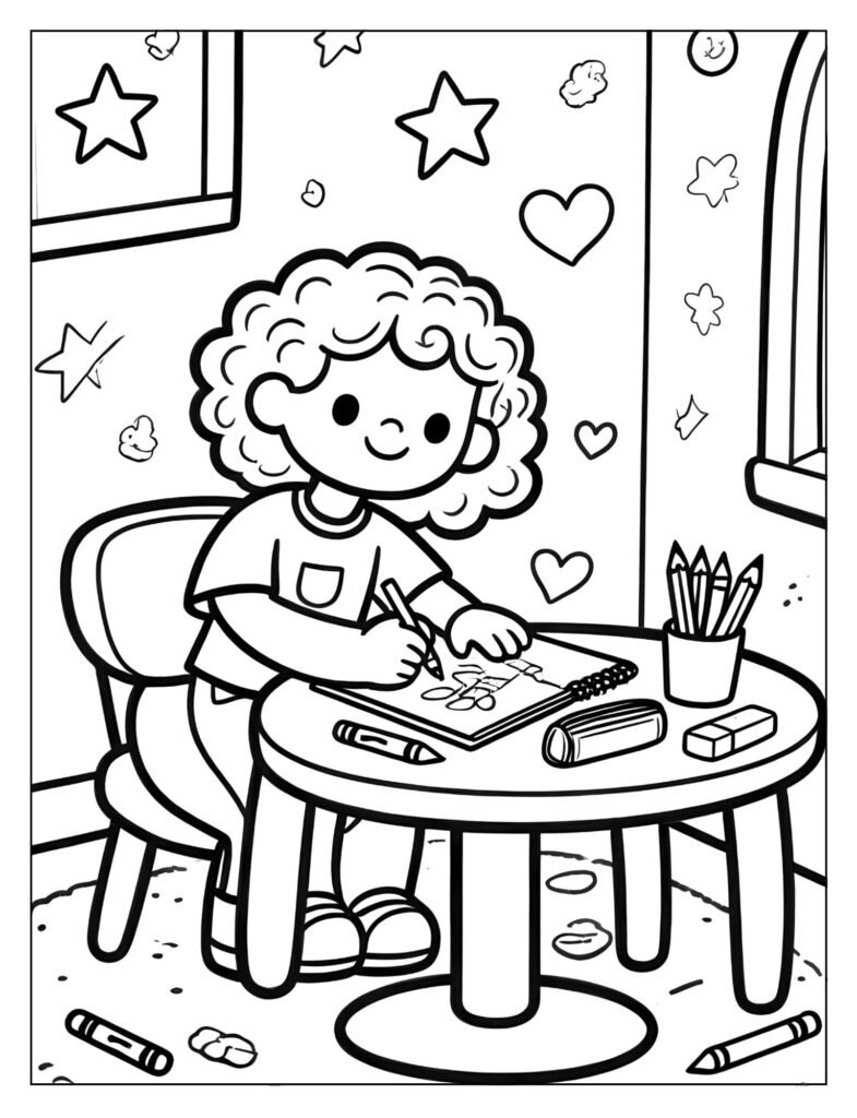 A doll writing in her journal at a desk.