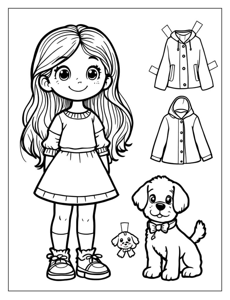 A paper doll with a pet dog or cat and outfits for the pet.