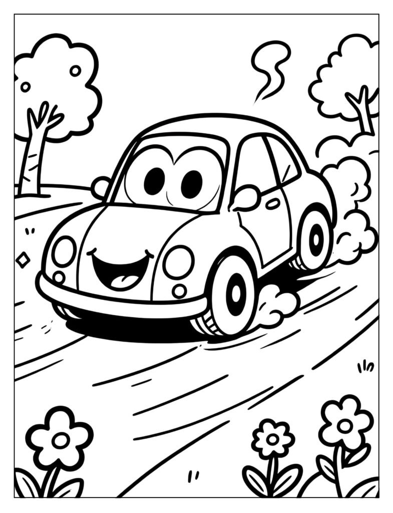 A cartoon car with a happy face drifting.