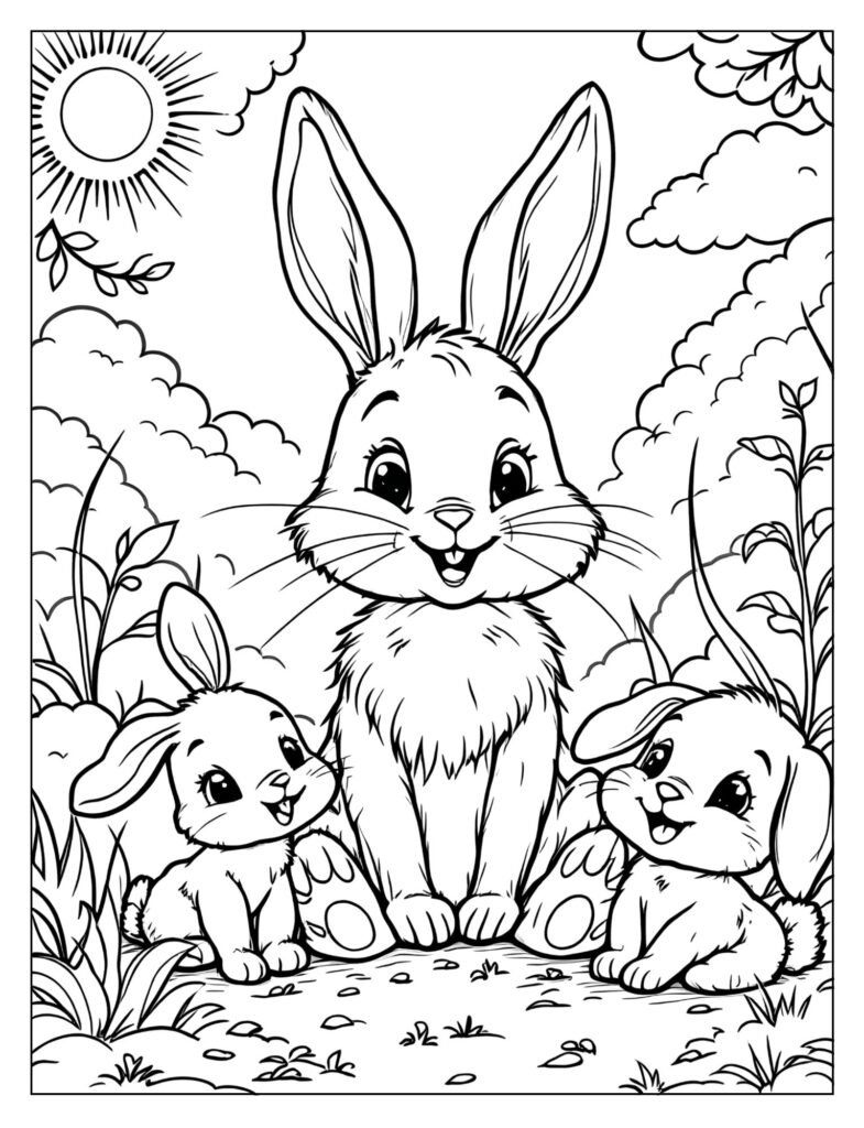 A mother bunny with two baby bunnies.