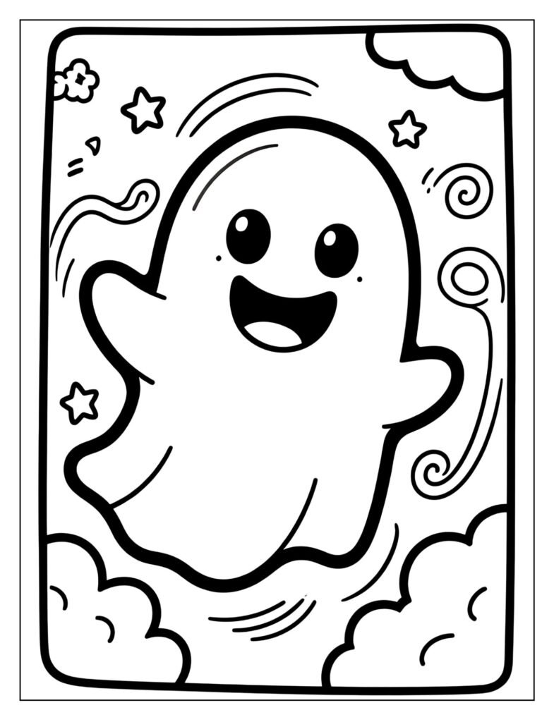 A cute ghost with a friendly, smiling face.