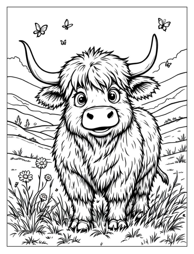 A friendly Highland cow with long horns and a shaggy coat.