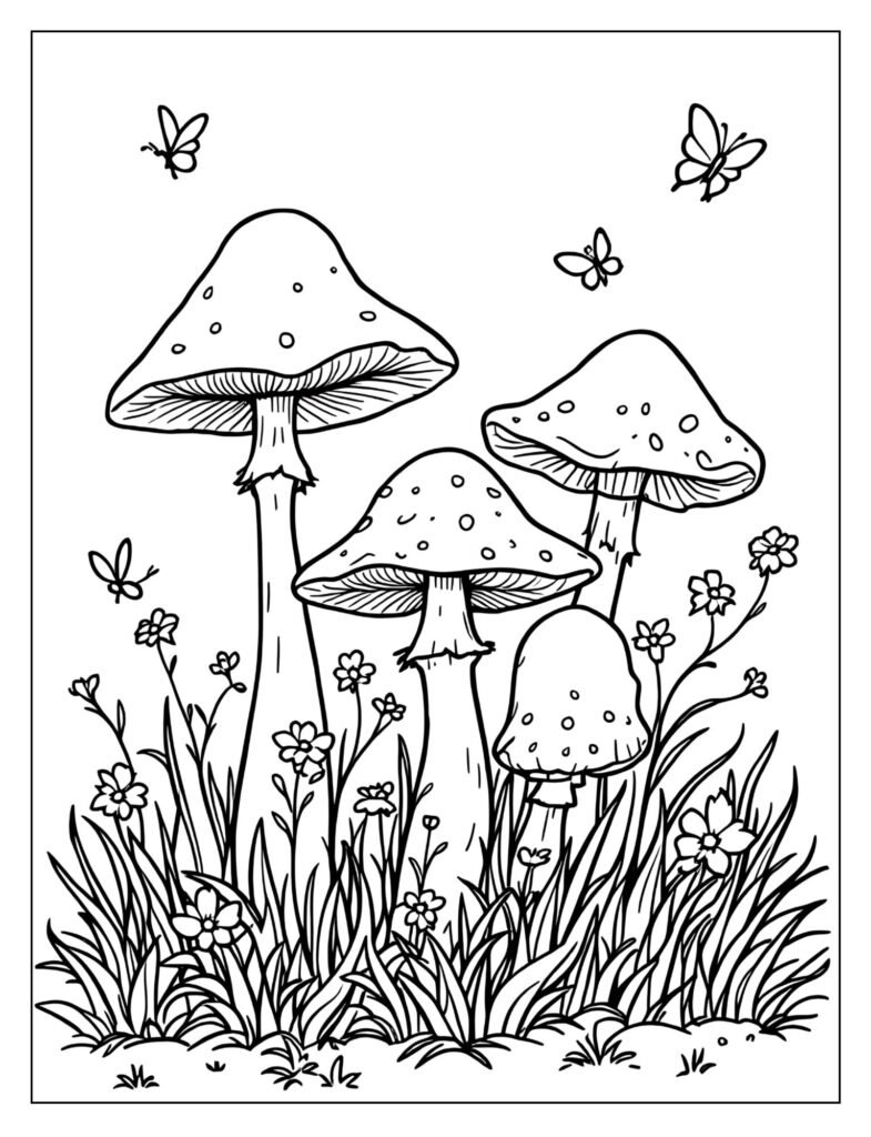 A group of different-sized mushrooms standing together like a family.