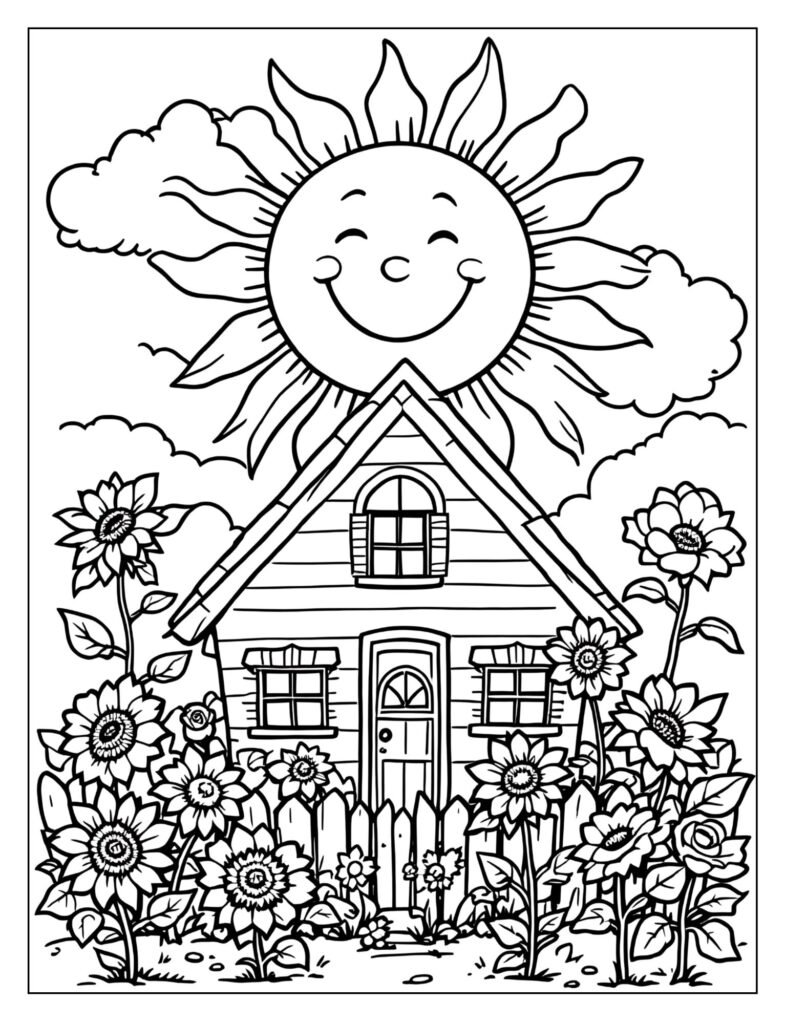 Friendly sun smiling over a house with flowers coloring page