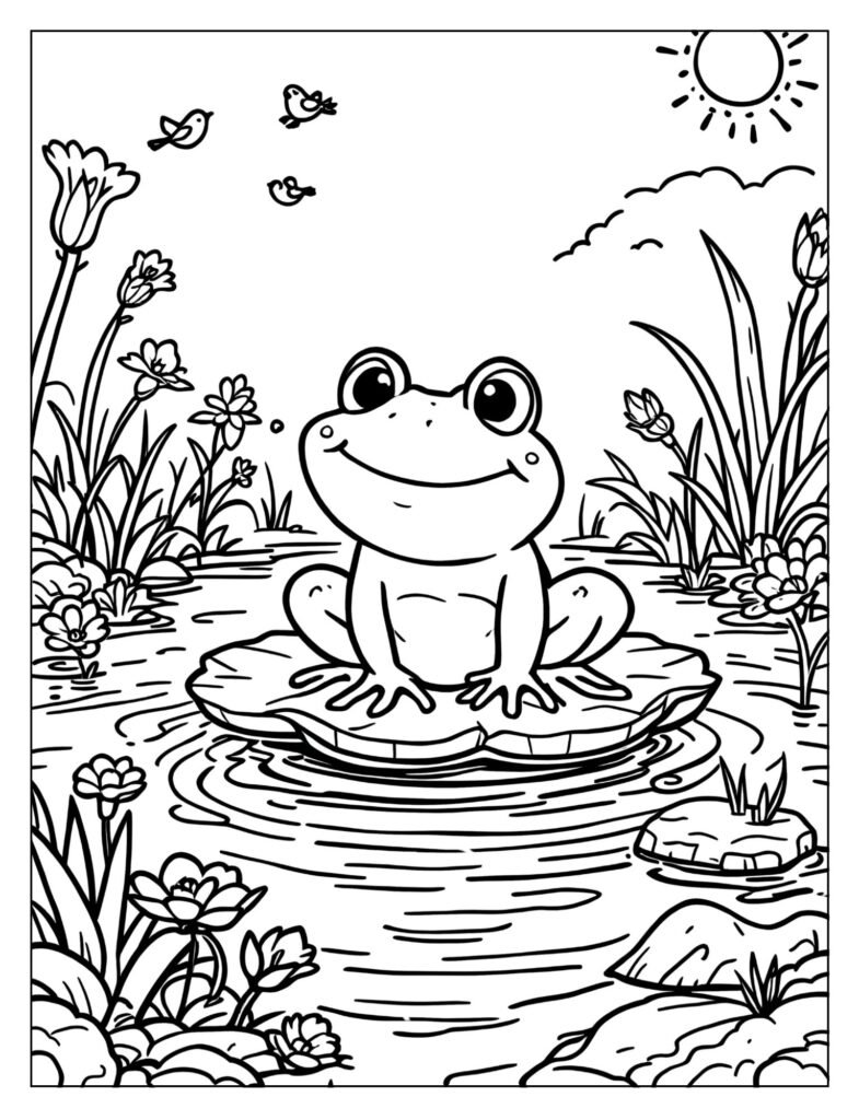 Happy frog on a lily pad in a garden pond coloring page