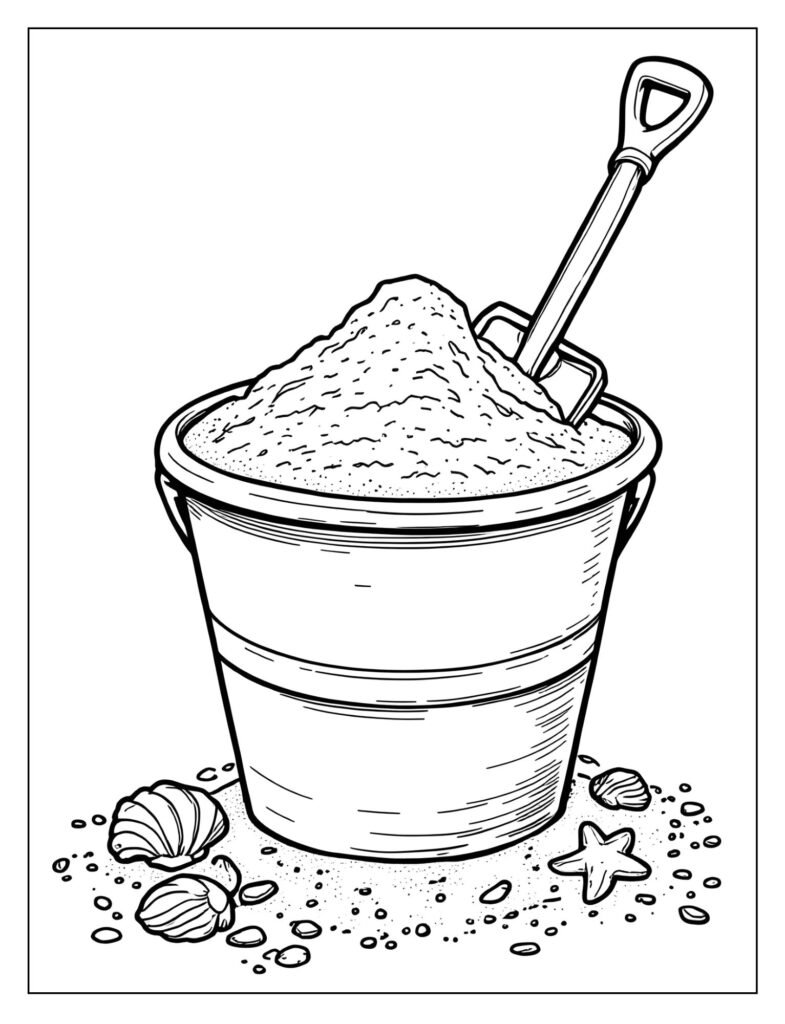 A classic sand pail overflowing with sand and a shovel.