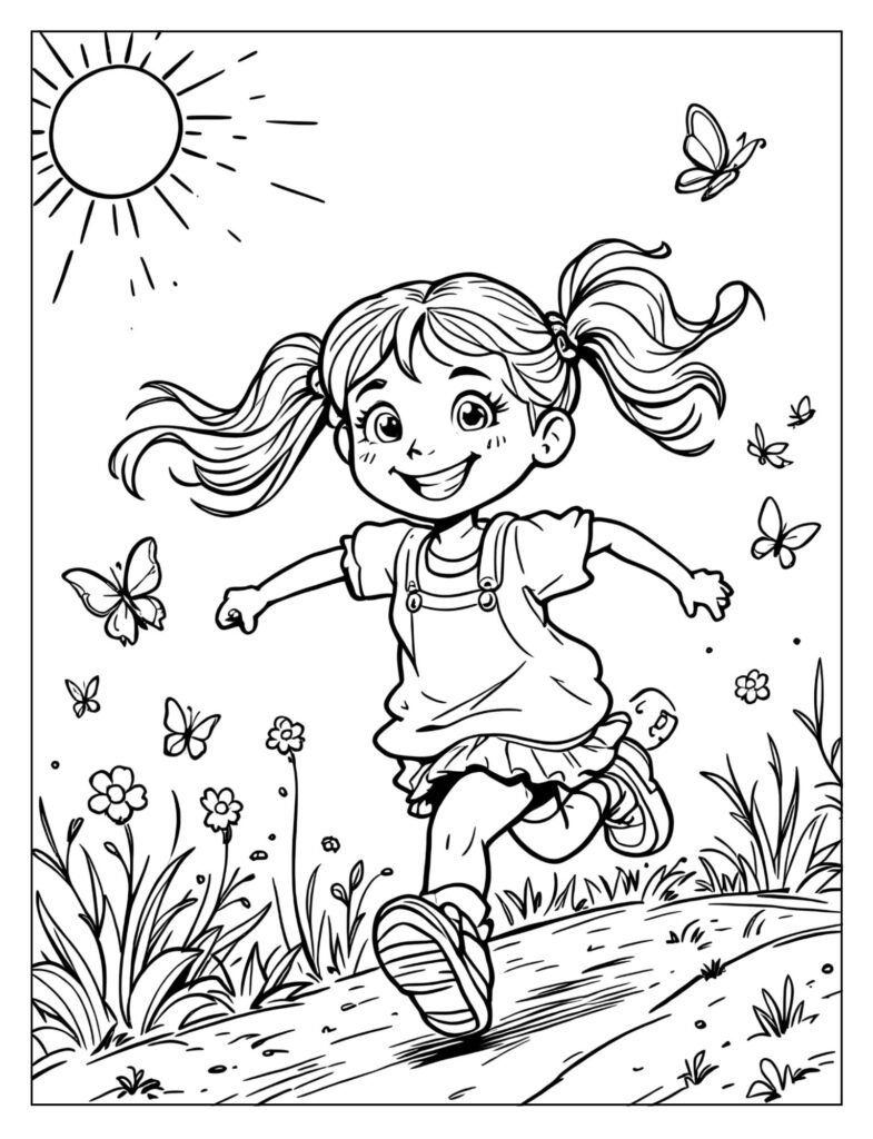 A girl with pigtails running with a big smile.