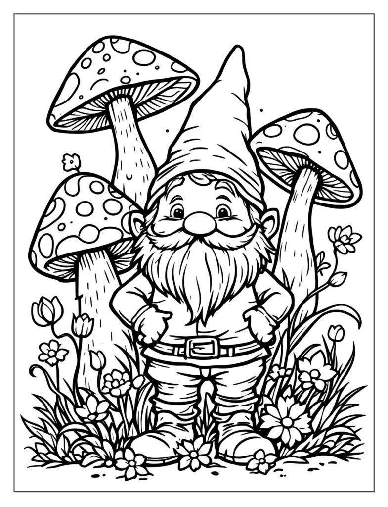 Cute garden gnome peeking from behind mushrooms coloring page