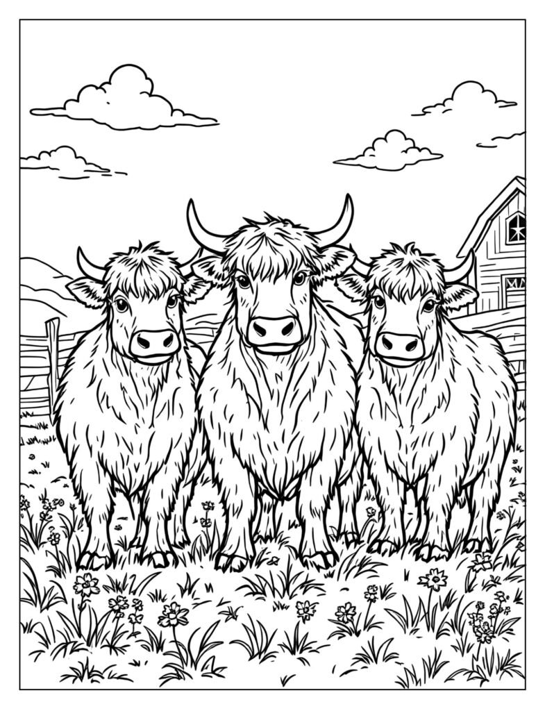 A group of Highland cows standing together in a field.