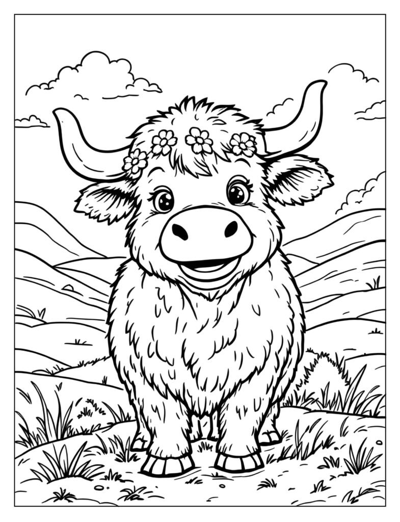 A cartoon-style Highland cow with a big smile.