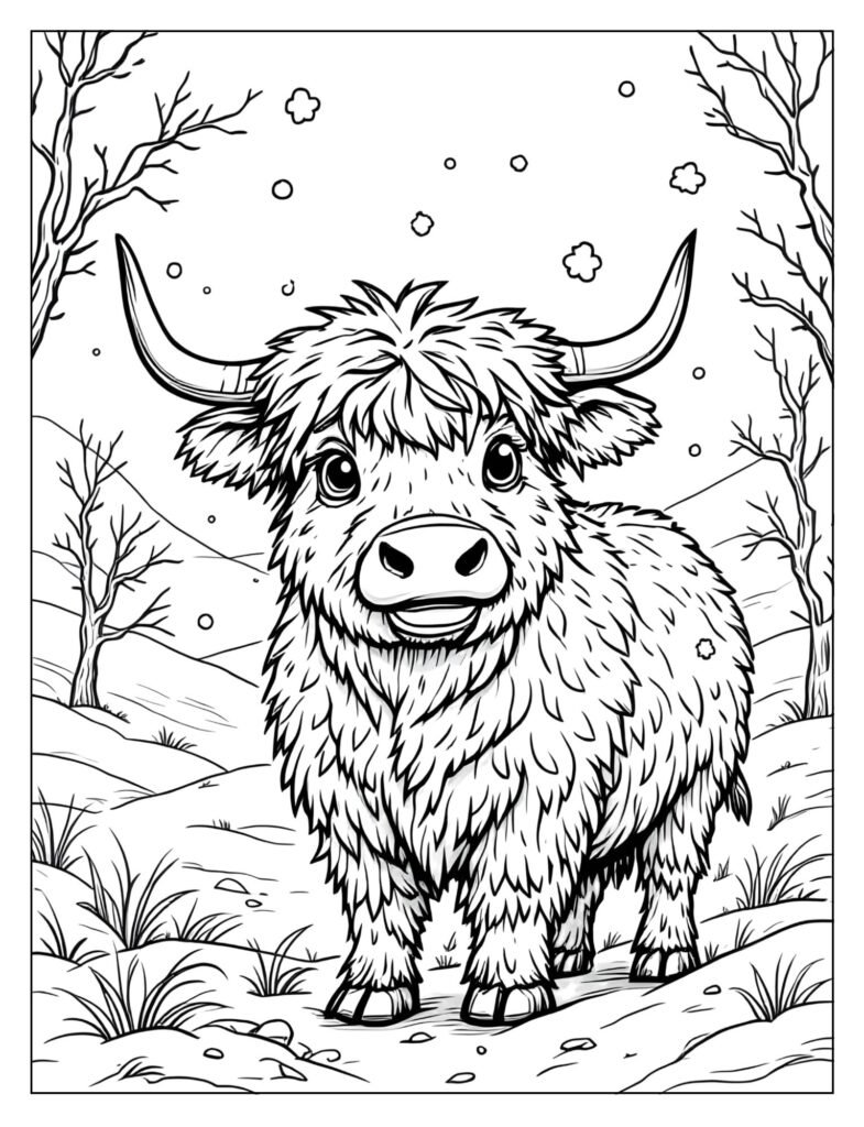 A fluffy Highland cow in a snowy field with snowflakes.