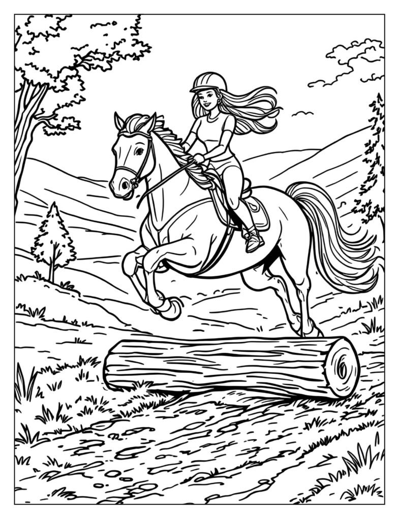 Barbie riding her horse as they confidently jump over a simple log on the trail.