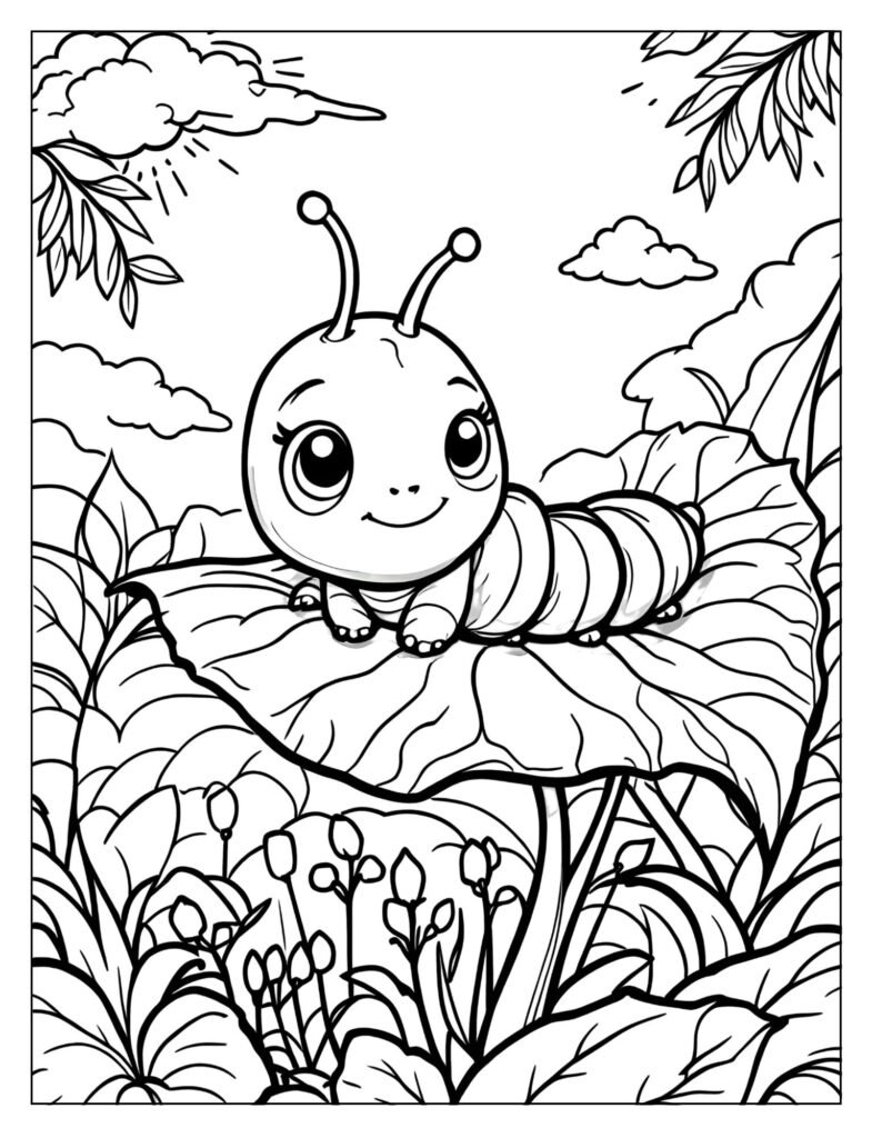 Little caterpillar eating a big green leaf coloring page