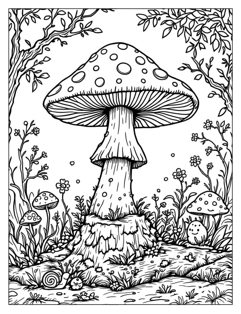 A detailed mushroom growing on a mossy log in a forest.