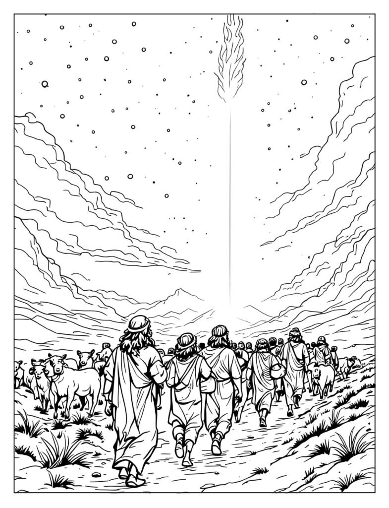 The Israelites walking at night with a pillar of fire.
