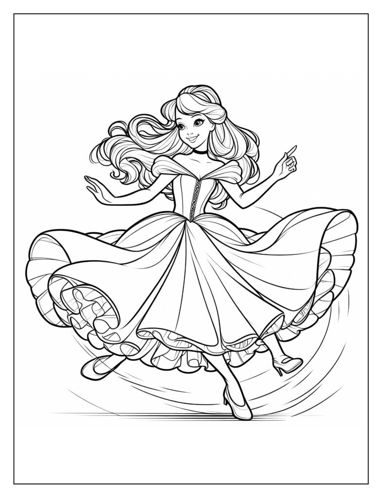Cinderella twirling in her ballgown, her dress flowing around her.