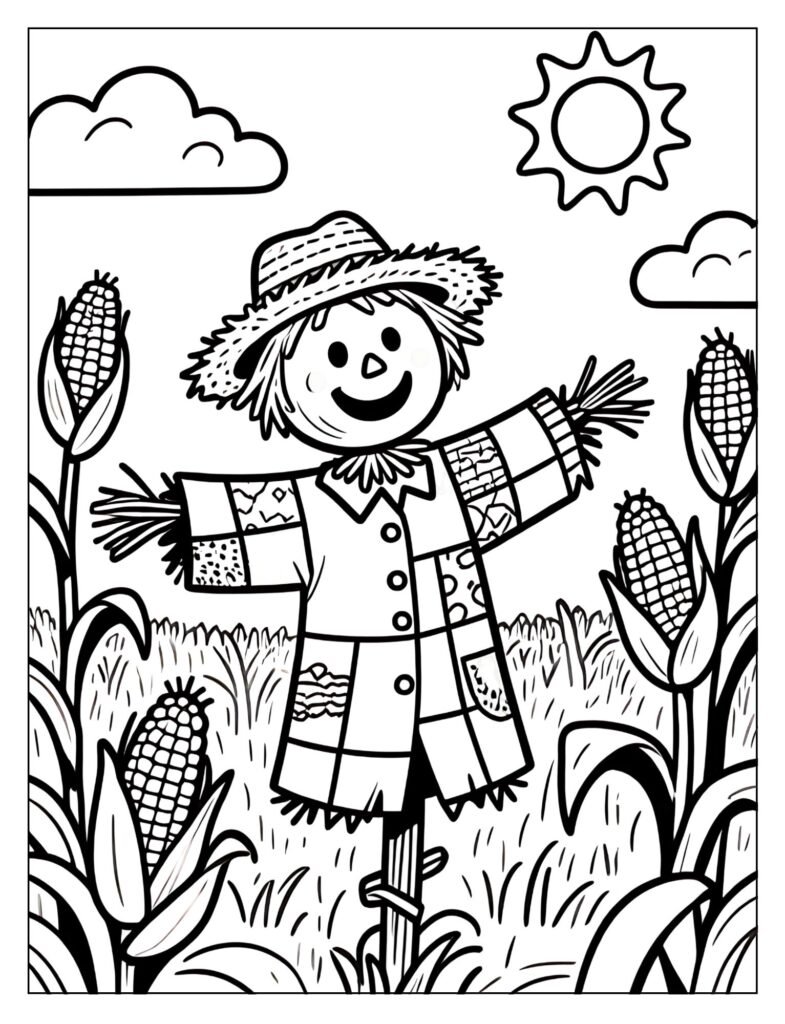 A friendly scarecrow in a cornfield.
