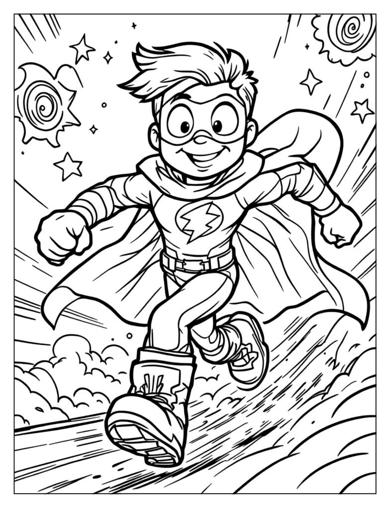 A person dressed as a superhero running at super speed.

