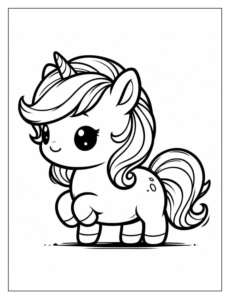 An outline drawing depicting a small baby unicorn in a whimsical, storybook-like setting, ready for coloring.
