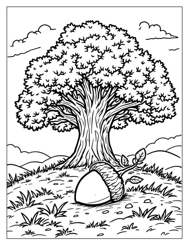 An acorn with a sprout and a big tree.