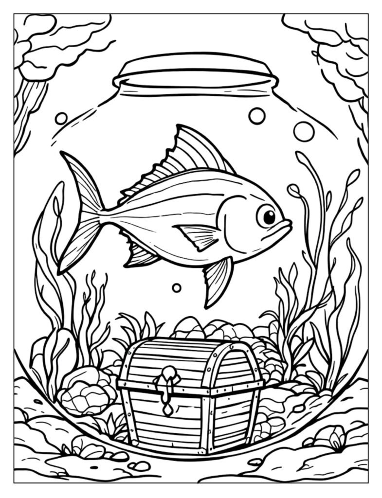 Line art of a Tuna in a netted area or sectioned-off enclosure, representing a temporary home.