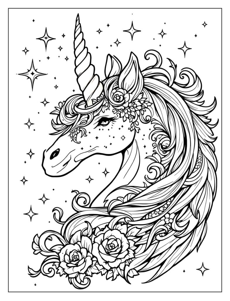 Close-up of a unicorn horn with intricate patterns coloring page