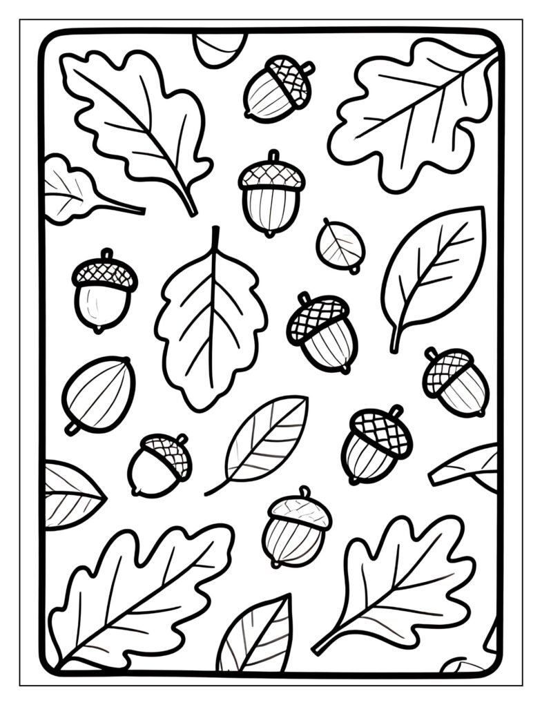 A pattern of acorns and oak leaves scattered on the ground.