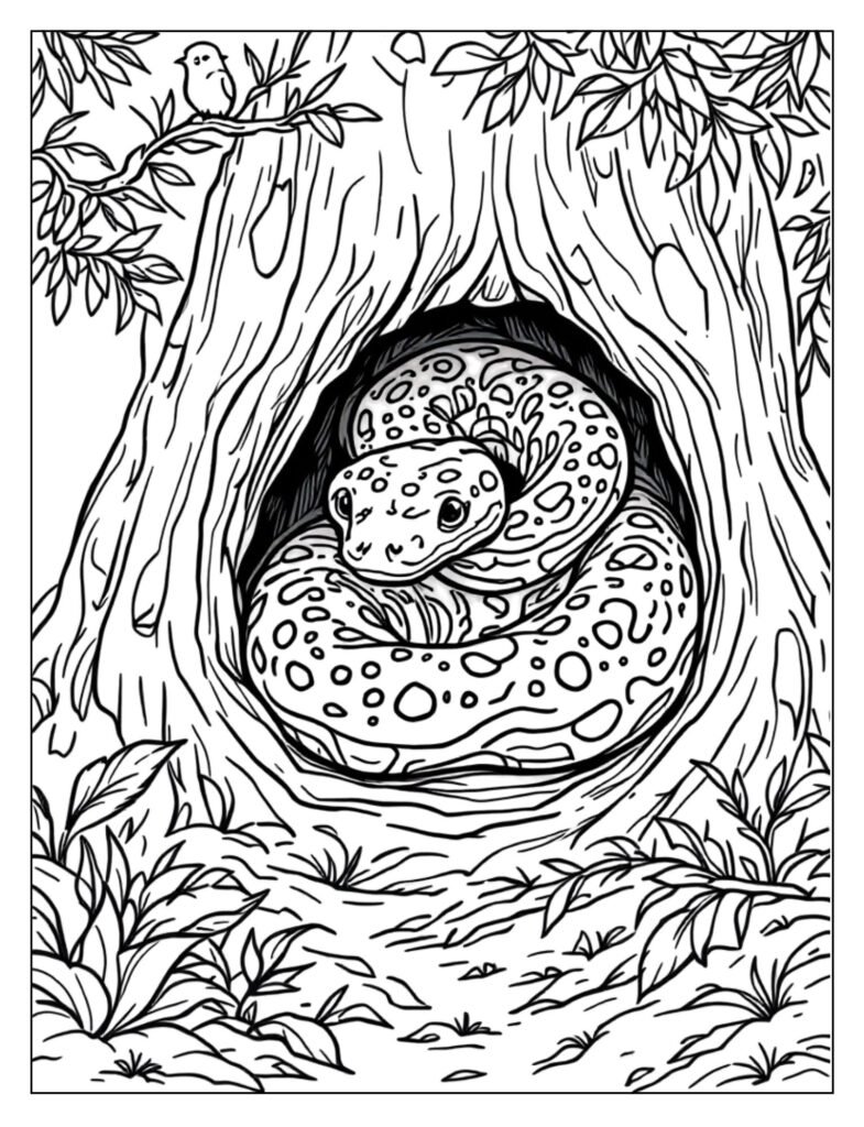 Sweet and soft-featured line art of an Adorable Ball Python gently curled into a ball.