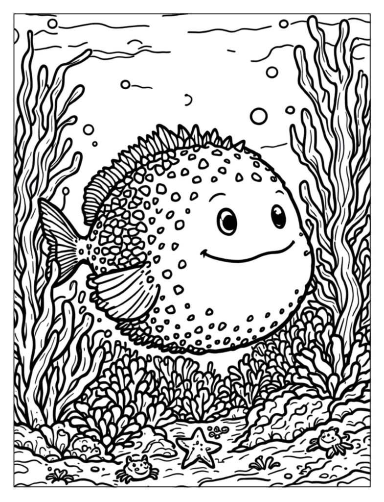Adorable small puffer fish illustration for coloring