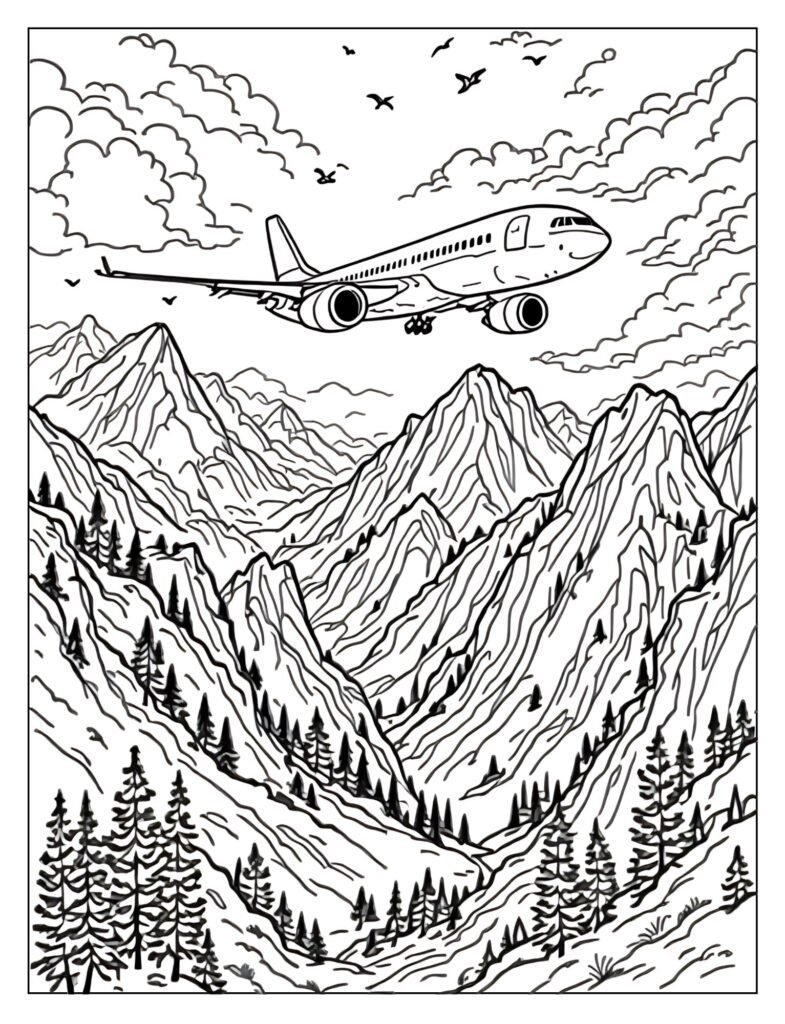 Airplane flying over mountains scenic coloring page


