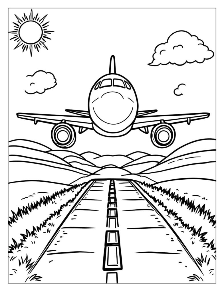 Simple airplane landing on runway coloring page