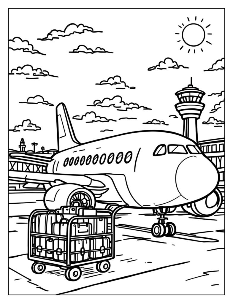 Airplane parked at airport with baggage cart coloring page