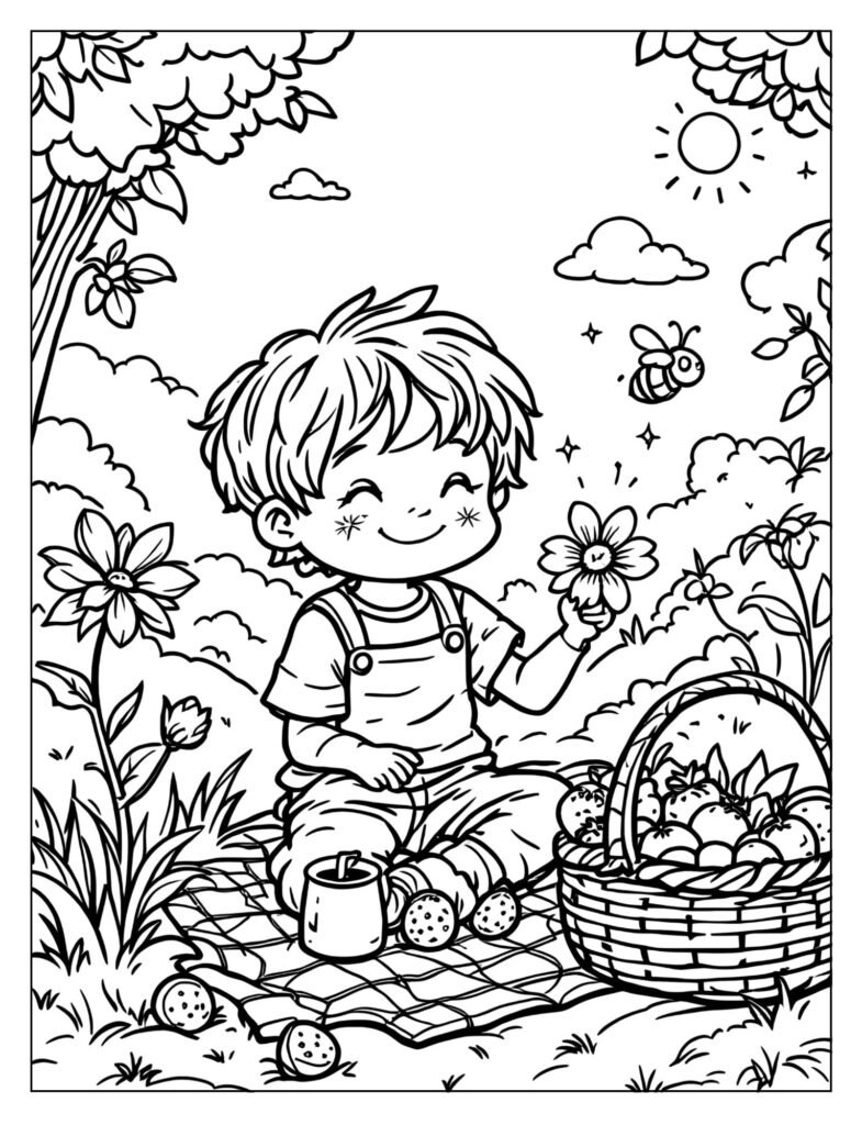 A child using all five senses with a flower, bee, and fruit.